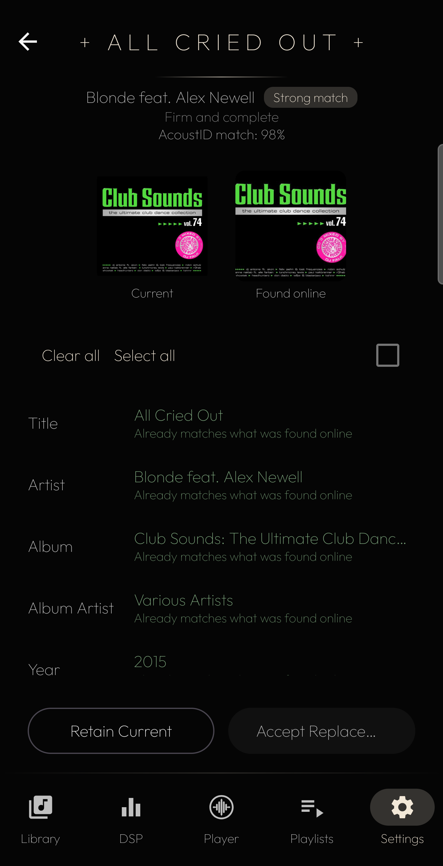 Metadata & Artwork &mdash; a finding under review: a strong AcoustID match of 98%, the current cover beside the cover found online, and each field set against what was found, with a choice to retain current or accept replacements