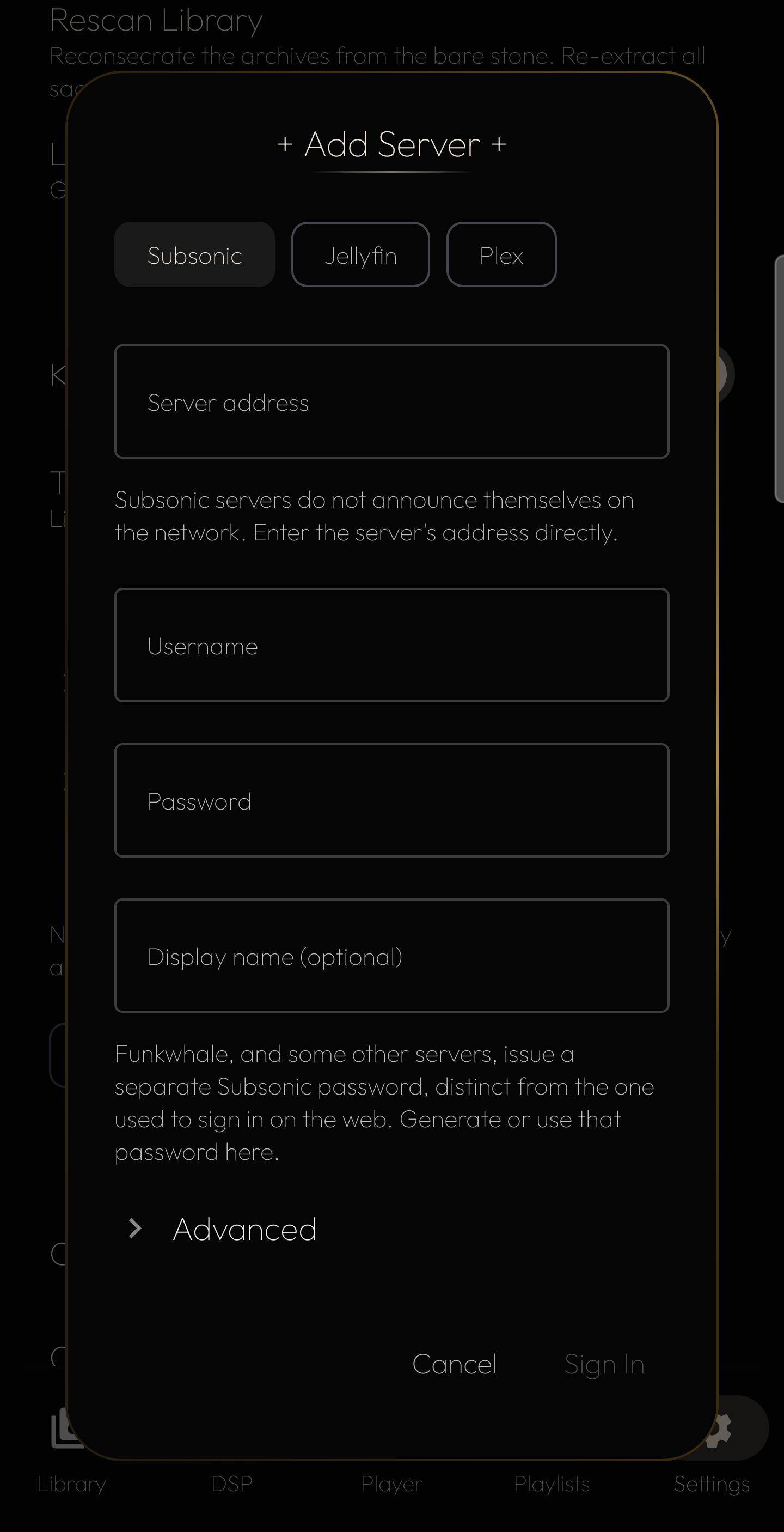 Settings &rarr; Add Server &mdash; Subsonic, Jellyfin, and Plex to choose from, with the address, username, and password a server asks for